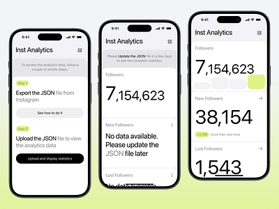 Inst Analytics App for IOS analytics app app store block cards charts data design followers green instagram interface ios iphone mobile modern statistic ui unfollowers ux