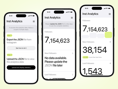 Inst Analytics App for IOS analytics app app store block cards charts data design followers green instagram interface ios iphone mobile modern statistic ui unfollowers ux