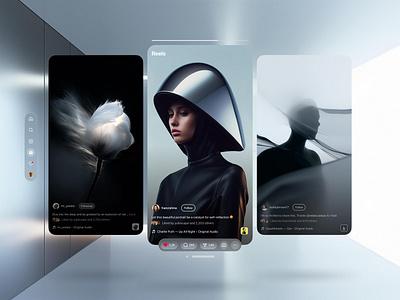 Instagram — Apple Vision Pro Spatial UI (Reels apple apple vision os apple vision pro ar augmented reality futuristic glass morphism instagram instagram ui ios product design reels social media spatial ui ui uiux ux virtual reality vision pro vr