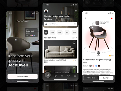 DecoDwell - Furniture App UI Design💖 adobe photoshop app branding dark figma furniture furniture app graphic design hero section illustration light logo mobile application mode modern design ui uiux user experience userinterface ux