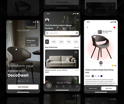 DecoDwell - Furniture App UI Design💖 adobe photoshop app branding dark figma furniture furniture app graphic design hero section illustration light logo mobile application mode modern design ui uiux user experience userinterface ux