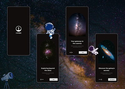 Cosmo - In The Universe appdesign astronut cosmos design explorespace figma galexy mobleapp onboarding space splashscreen ui universe ux world