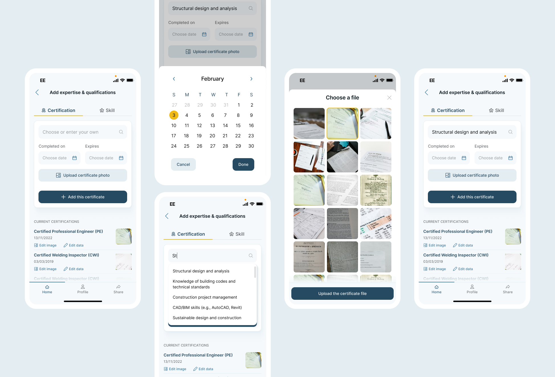 New feature - Adding certificates in Oversite! add add a certificate add certificate addcertificates app application calendar certificate search certificates cv design expertise product design qualifications search ui upload upload file