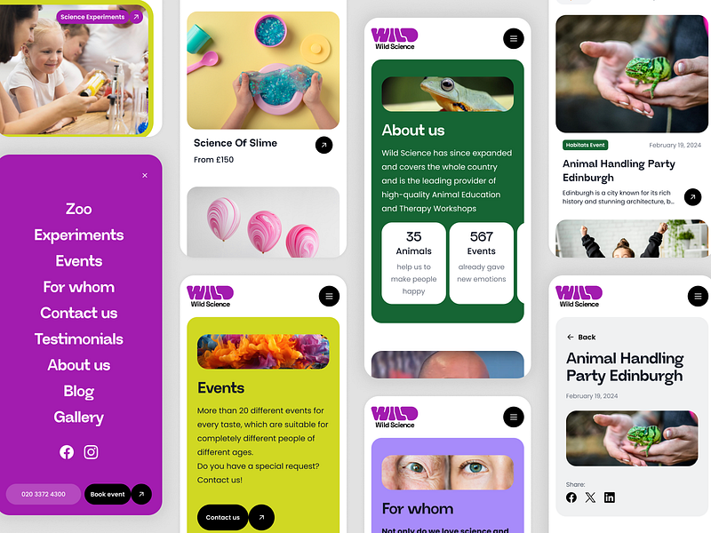 Mobile subpages UI about animals blog branding bright business button card design events light logo mobile navigation subpage ui uk ux website zoo