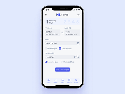 Searching Flights UI - L41 Airlines Flight Booking App booking button checkbox figma flight mobile mobile ui radio step indicator text input ui