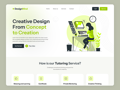 DesignMind Website blue class creative design education green homepage illustration landing page logo minimal page tutoring tutoring service typography ui ux vector web website
