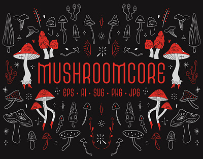 Mushroomcore Bundle abstract boho bundle characters cottagecore cute fly agaric folk fungi groovy illustration logo magic modern mushroom mystic spell vector witchy woodland