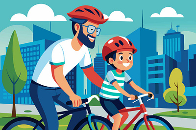 Father & son riding bikes in the city bikes cartoon graphic design illustration kids vector