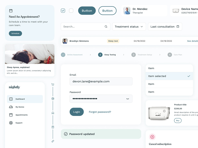 Nightly — Sleep Monitoring Service Components apnea button clean component components design system dreamlab frontend icons light mode nightly sleep therapists ui ui design wellness z1