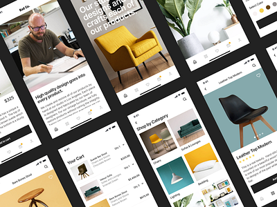 Furniture Ecommerce Concept (Mobile) branding cart chair checkout ecommerce figma furniture graphic design landing page minimal mobile modern navigation product scrolling shop shopping ui ux yellow