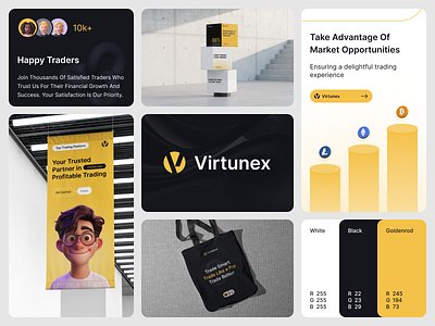 Virtunex - Trading Platform Branding blockchain brand guidelines branding branding design crypto crypto logo cryptocurrency darkmode design finance graphic design logo logo concept machine modern visual identity yellow