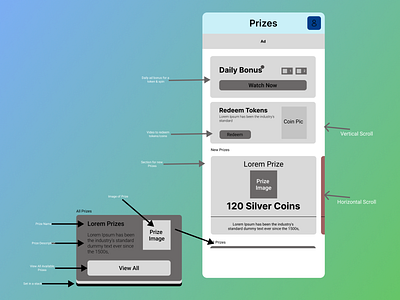 Prize Section Wireframe for Spinner Game App app app design app store design game ui ui design user experience user interface ux designe uxui video game wireframe