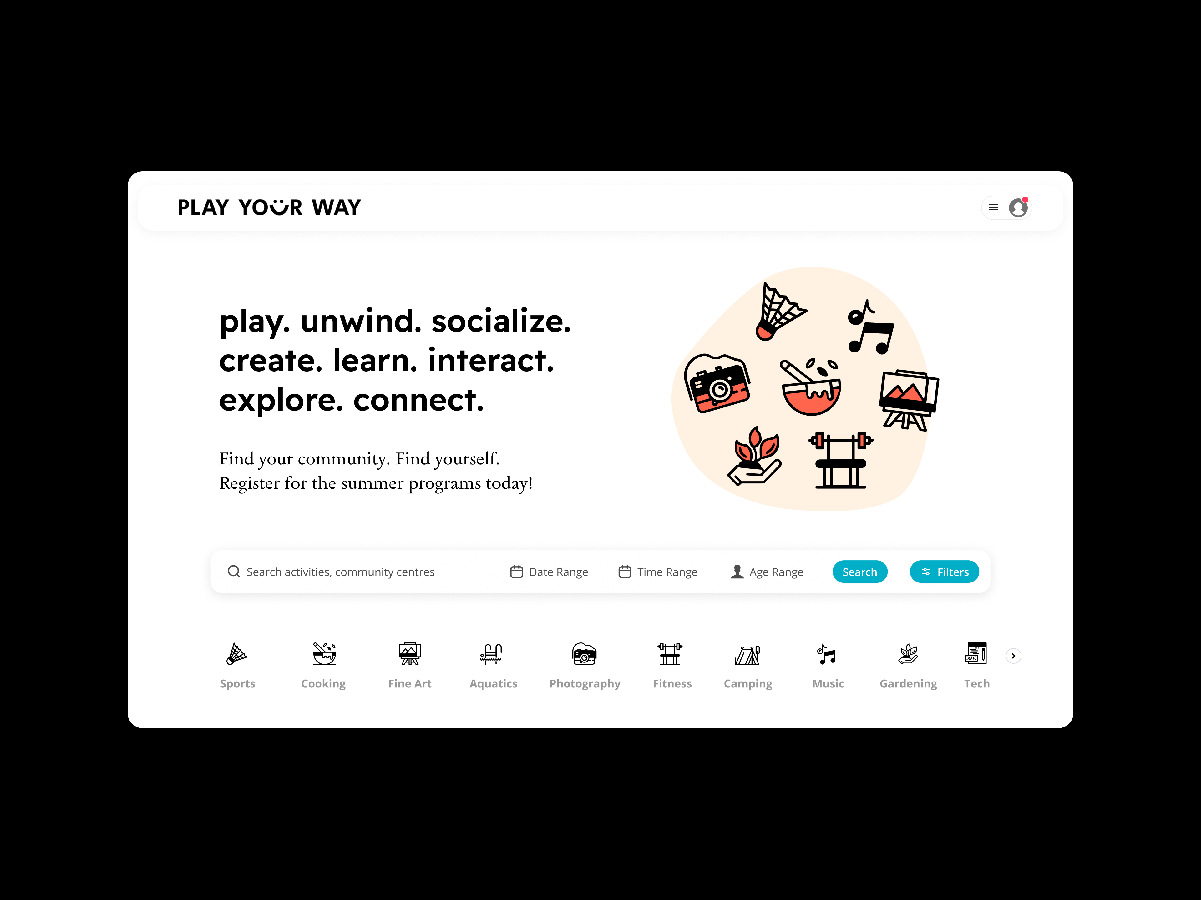 Play Your Way - Landing Page branding camp illustration play recreation summer ui ux webpage