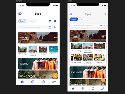 "Before and after of a homepage that i tried to changed a bit" figma redesign travel app ui