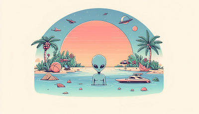 Alien’s first summer vacation on Earth 👽🏖️ alien animation dribbbleweeklywarmup graphic design holidays light blue orange palm sea ship summer sun vacation water yacht yellow