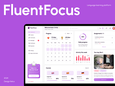 FluentFocus - Language learning platform animation courses dashboard design education figma language learning platform languages learning motion graphics progress tracking ui user interface ux uxui design webdesign