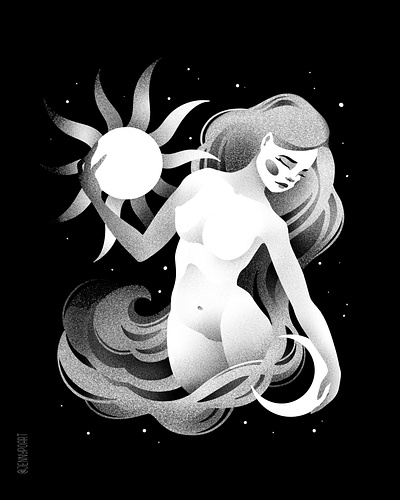 Celestial black and white digital graphic design illustration jennypoart moon procreate stippling sun texture woman