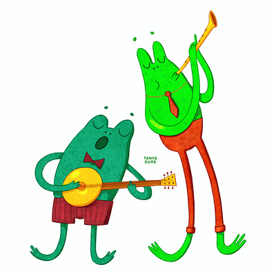 Frog musicians. Children book illustration. animalcharacters animalillustration bookillustration characterdesign childrenbook childrenbookillustration childrenillustration cuteanimals digitalart frogcharacter frogillustration illustration jungle kidlit kidlitart musicianillustration musicillustration picturebook picturebookart