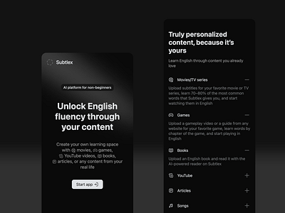 Subtlex – New Landing Page of the Language Learning App app landing landing page learn language mobile app study language web app