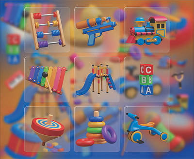Kids toys 3D Icon Set 3d 3d icon abacus calculator alphabet cubes baby child children graphic design illustration kindergarden ring stacking toy slide spinning tops toy toys toys 3d icon train tricycle water gun xylophone
