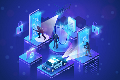 Data Protection and Security. Police and crime blue car crime data data protection design document folder helicopter illustration information isometric people police protection security shield technology vector web