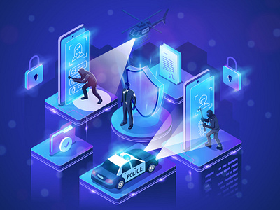 Data Protection and Security. Police and crime blue car crime data data protection design document folder helicopter illustration information isometric people police protection security shield technology vector web