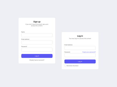 Sign up and login modals already have an account button components cta design exploration email address figma forgot password input field light mode log in password product design sign in sign up sign up and login modals ui ux web web design