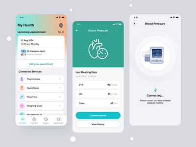 Medical Device Connecting App blood pressure bluetooth device connecting device doctor appointment health app health care health dashboard medical app medical bluetooth device medical device medical device app medical graph medical uiux medical website oxygen saturation peak flow pulse sys thermometer weighing scale