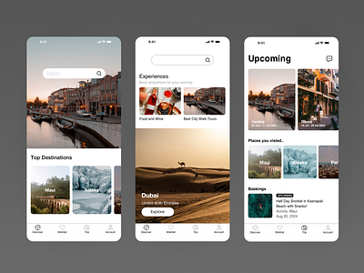Travel App // Discover / Trip plan / Signup appdesign discoverpage homepage mobileui productdesign signup travelapp travelplanner ui