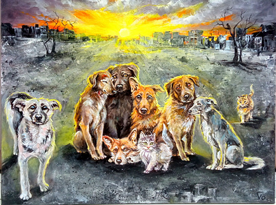 Abandoned pets: War-Torn Ukrainian City at Sunset art cat dog hand painted handmade paint painting pet ukraine war