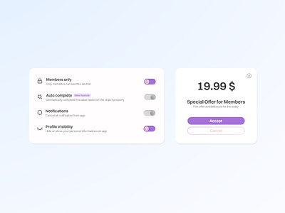Settings & Modal Design member settings modal design notification settings privacy privacy settings profile settings switch button toggle button
