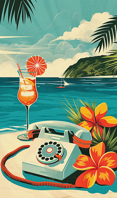Out of office art call flower graphic design hawaii illustration island ocean office old oldschool phone poster procreate summer tropical vacation vector vintage work