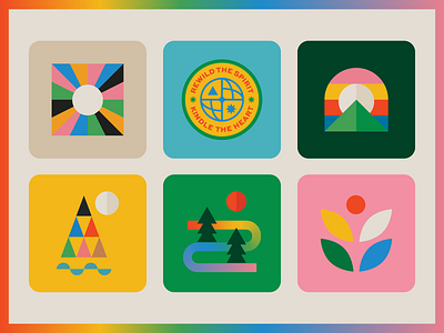 FCDC - Brand ID Assets badge branding colorful gradient icon iconography identity illustration lake logo mountain ocean path rainbow river spot illustration sun sunset trail type