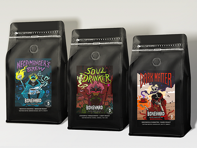 Boneyard Coffee Roasting - Branding and Labels coffee coffee labels dnd dungeons and dragons graphic design heavy metal illustration skeletons