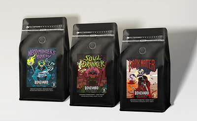 Boneyard Coffee Roasting - Branding and Labels coffee coffee labels dnd dungeons and dragons graphic design heavy metal illustration skeletons