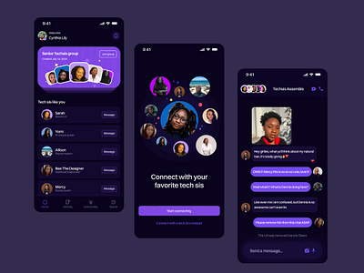 Techsis cards chat chatui community darkmode mobileapp network purple socialapp ux