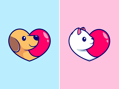 Love Dog and Love Cat Logo🐶🐱❤️ animal branding cat cute dog doodle face flat heart hug icon illustration kitten logo love pet puppy romantic shape vector