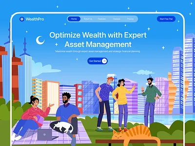 Wealthpro- Asset Management Website 2d illustration asset management website branding crypto graphic design homepage illustration illustration app illustration website investment landing page manager mobile modernstyle product design saas ui ux vector website