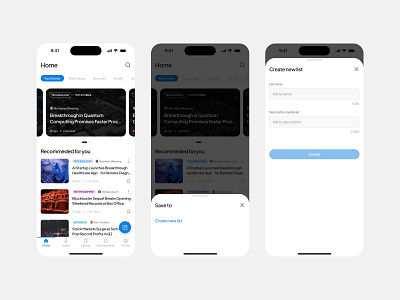 News App create new list feature createlist design mobile mobileapp mobileui mobileux newsapp productdesign savedlist typography ui uidesign ux webdesign