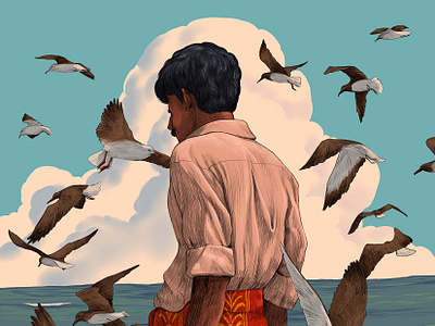 Contemplation by the Coast 🌊🪽 art birds coastal design illustration sajid sea waves