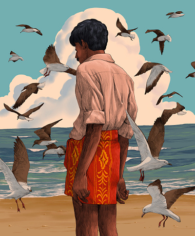 Contemplation by the Coast 🌊🪽 art birds coastal design illustration sajid sea waves