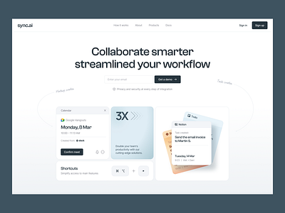 Workflow AI solution: Landing page, hero, website ai ai integration collaboration concept design hero homepage landing page management meeting project management saas design team ui web website workflow