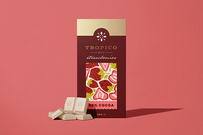 Tropico Chocolate Branding brand chocolate cocoa design exotic icon identity illustration logo mark packaging strawberries symbol tropical