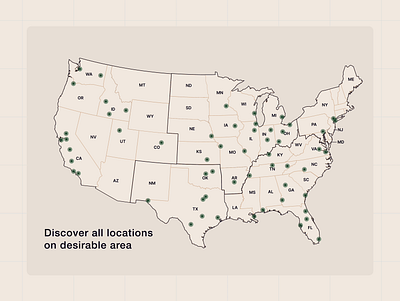 Animated Location Map | Custom USA Map Design | Map Pins animated map animation beige concept custom map dailyui design graphic design green illustration inspiration map map locations map pins ui usa map