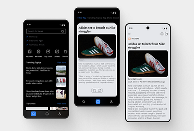 News Aggregation Service Mobile App app articles branding clean design feeds figma graphic design ios journalism mobile app mvp new news story ui ux uxui vector web