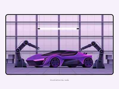 Car car crypto factory garage illustration mechanical arm web3