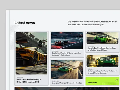 Latest news section for a racing team landing page bento cards bento grid components design digitaldesign landing page minimal news ui uiux userexperience webdesign website