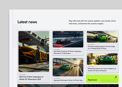 Latest news section for a racing team landing page bento cards bento grid components design digitaldesign landing page minimal news ui uiux userexperience webdesign website