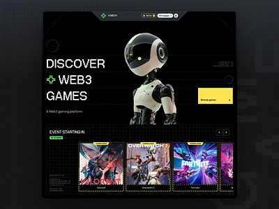 Web3 Gaming Platform Design app blockchain blockchain gaming branding crypto esports fortnite futuristic gamer games gaming graphic design homepage landing page overwatch robot ui valorant web3 web3 gaming