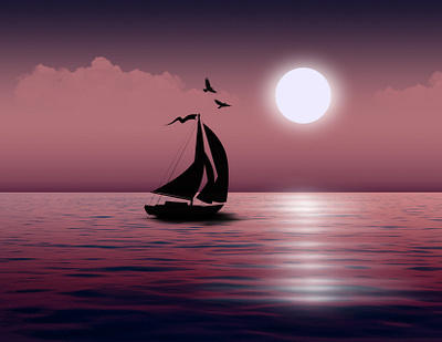 SAILING TO THE MOON adobe photoshop boat design graphic design graphic designer landscape moonlitnight sailing sea ui vectography